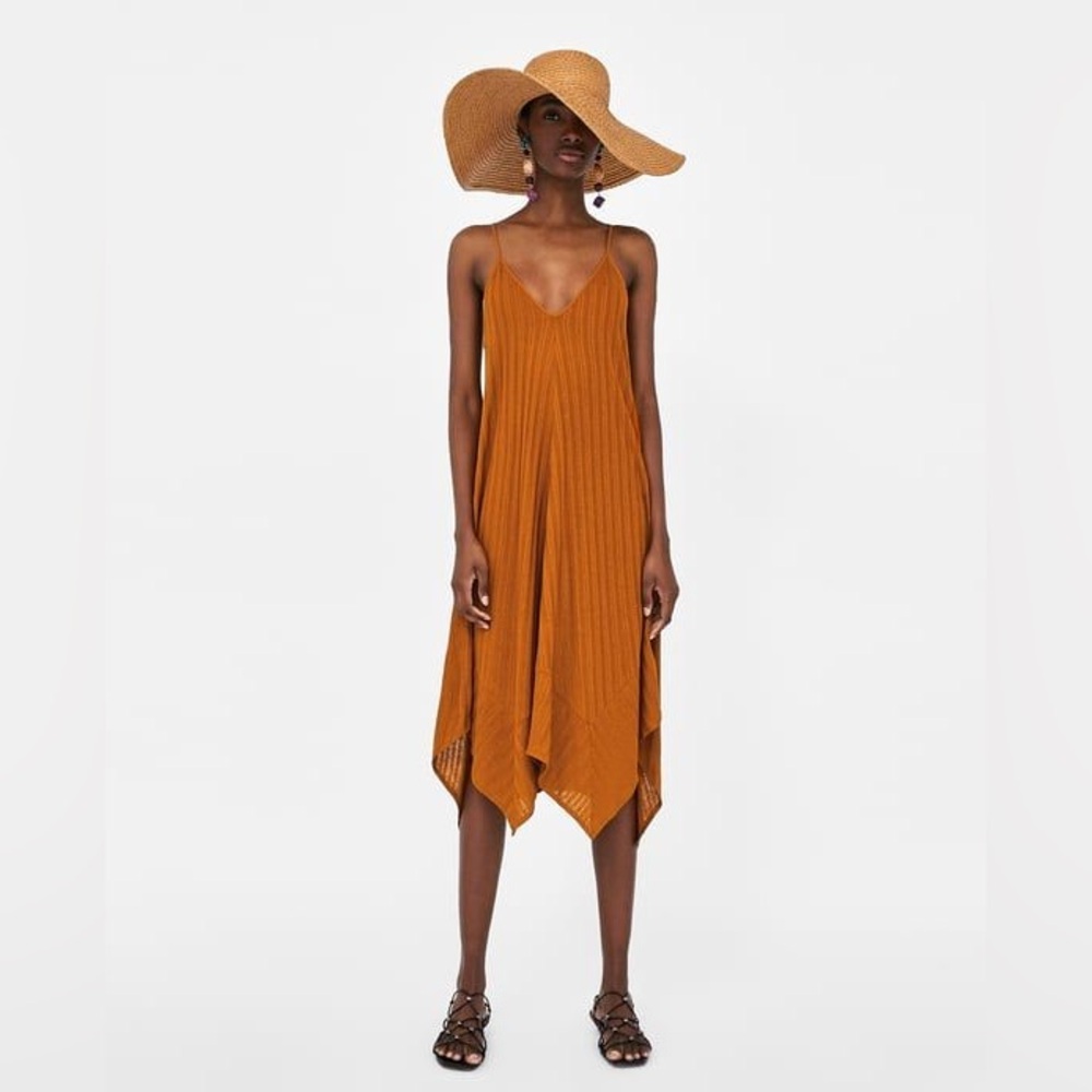 ZARA Terracotta Orange Linen Blend Spaghetti Strap Handkerchief Ribbed Midi Dres